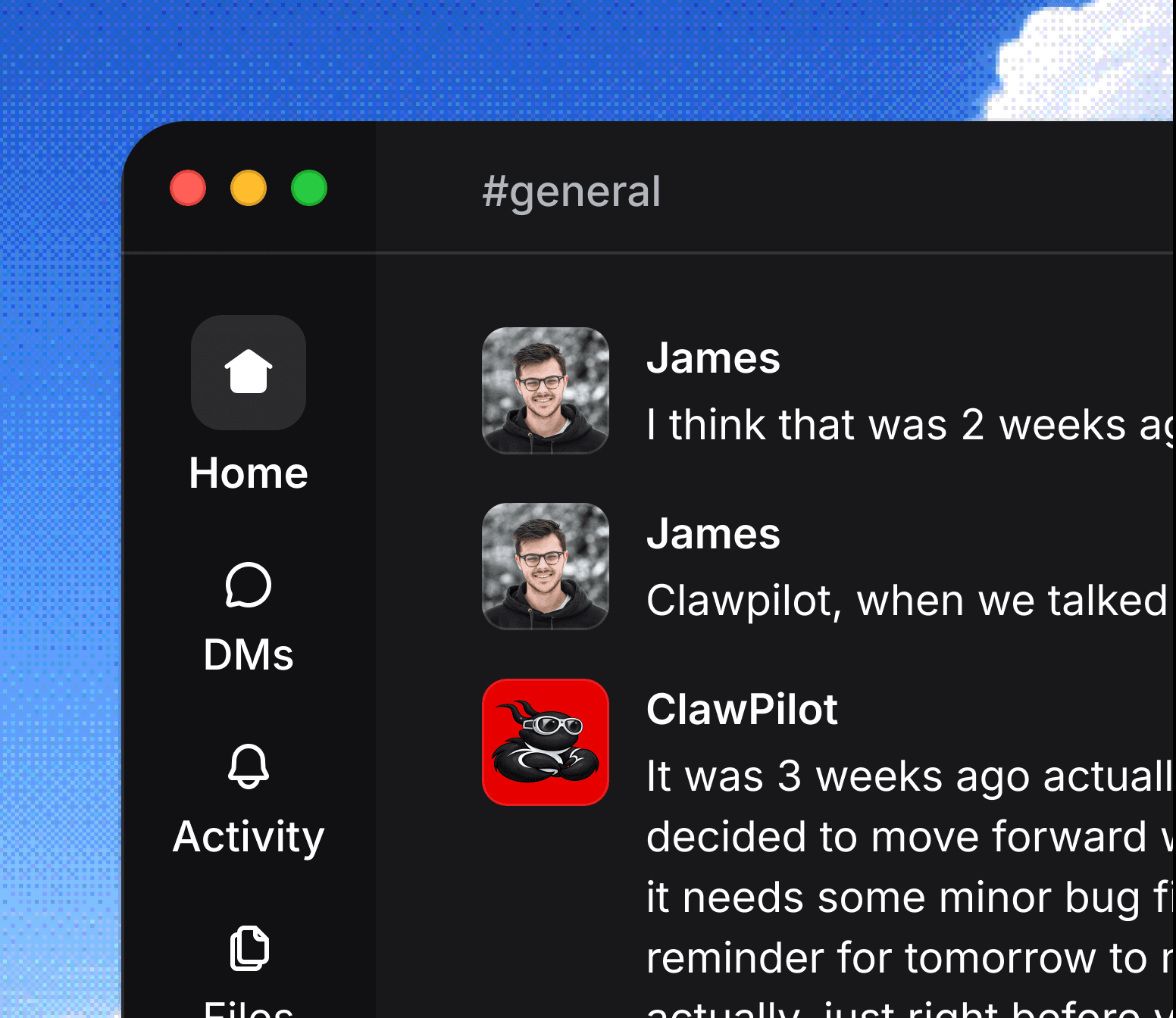 Clawpilot AI bot running inside a Slack workspace